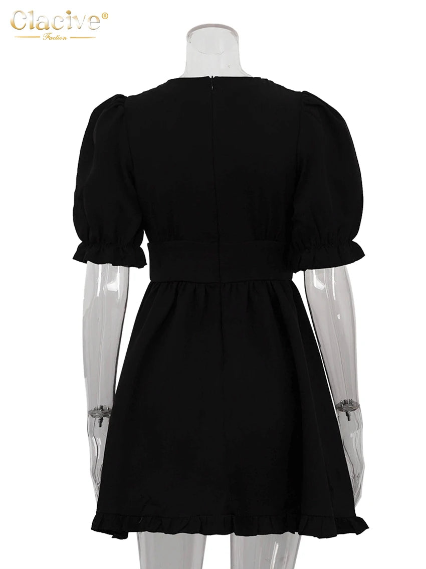 Clacive Summer Loose Black Women's Dress 2025 Sexy V-Neck Short Sleeve Mini Dresses Elegant Classic Pleated Solid Female Dress