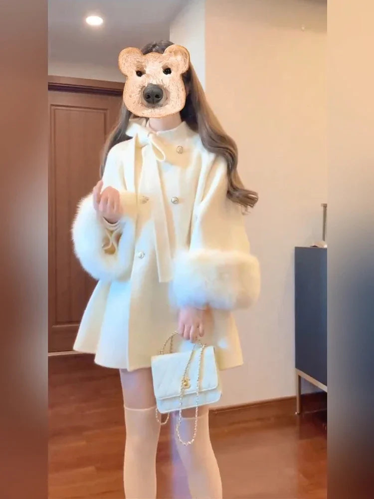 Autumn and Winter Sweet Girl Stand-up Collar Bowknot Double Breasted Woolen Cape Coat Cute White Long Sleeve Mid-Length Jacket