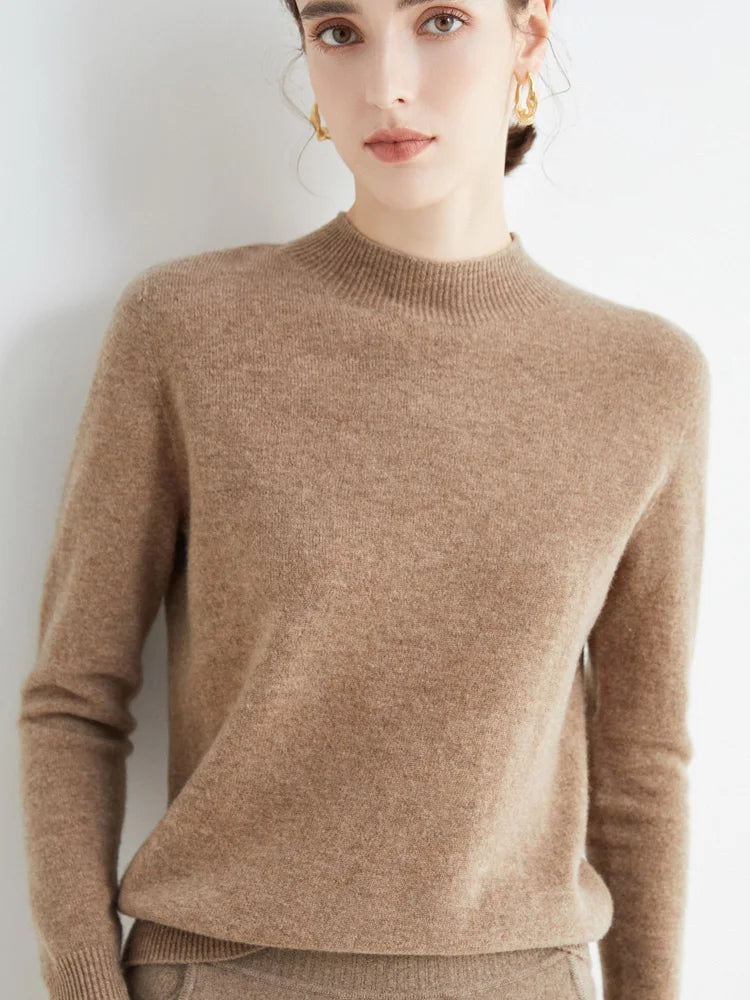 Fashion Basic Spring Autumn Merino Wool Sweater Mock-Neck Cashmere Pullover Solid Color Soft Long Sleeve Basic Clothing Tops