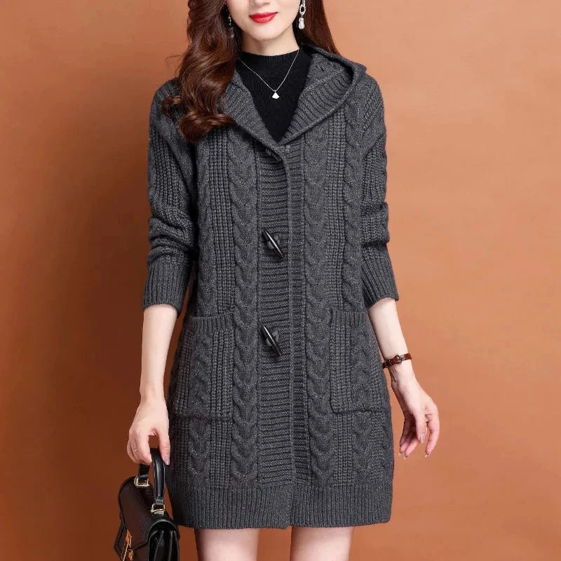 Autumn Winter Temperament Cardigan Sweater Jacket Women 2024New Loose Hooded Knitted Sweater Coat Female Casual Outerwear Ladies