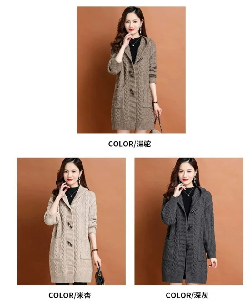 Autumn Winter Temperament Cardigan Sweater Jacket Women 2024New Loose Hooded Knitted Sweater Coat Female Casual Outerwear Ladies