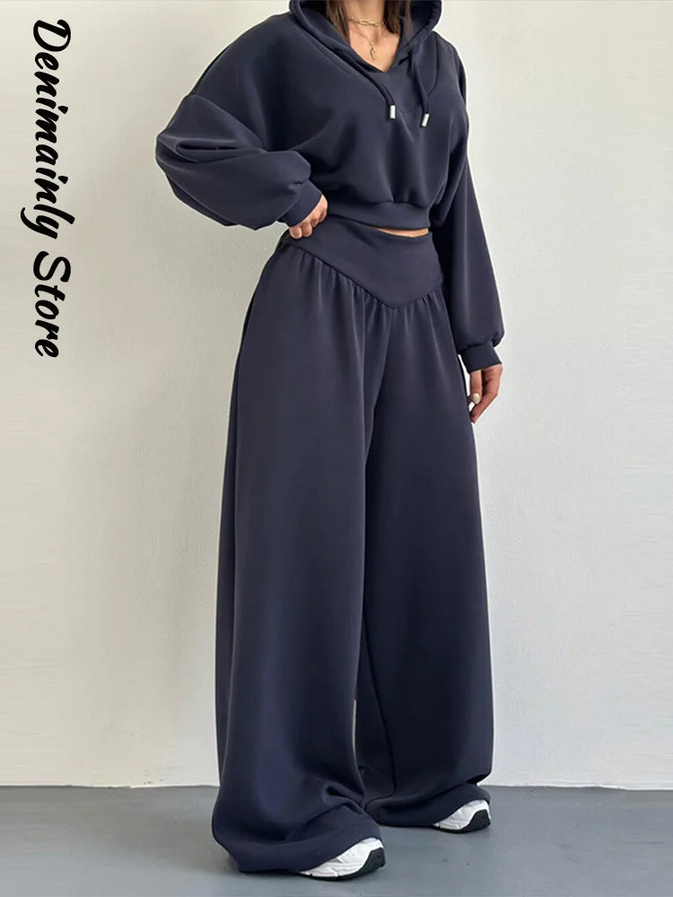 Casual Dark Blue Cropped Hoodie Pants Set Women Loose Short Pullover High Waist Wide Leg Trousers 2 Piece Set 2026 Femmes Outfit