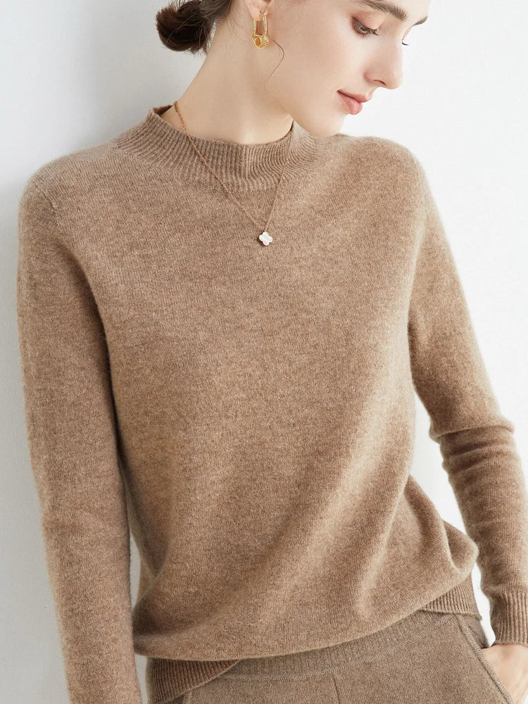 Fashion Basic Spring Autumn Merino Wool Sweater Mock-Neck Cashmere Pullover Solid Color Soft Long Sleeve Basic Clothing Tops