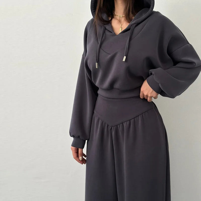Casual Dark Blue Cropped Hoodie Pants Set Women Loose Short Pullover High Waist Wide Leg Trousers 2 Piece Set 2026 Femmes Outfit