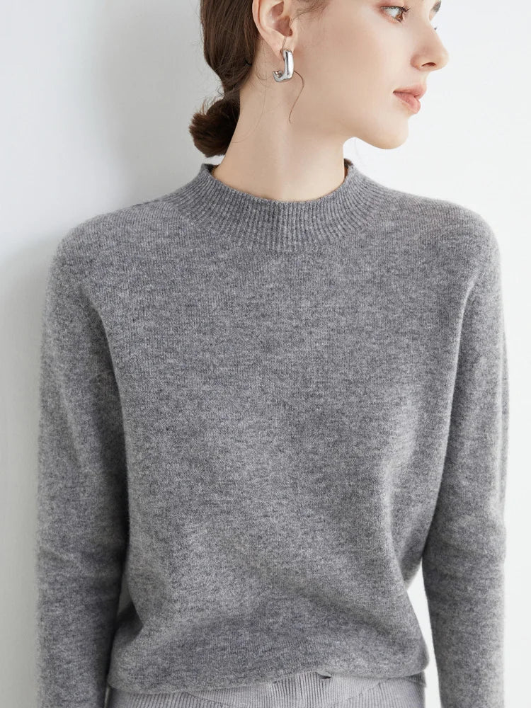 Fashion Basic Spring Autumn Merino Wool Sweater Mock-Neck Cashmere Pullover Solid Color Soft Long Sleeve Basic Clothing Tops
