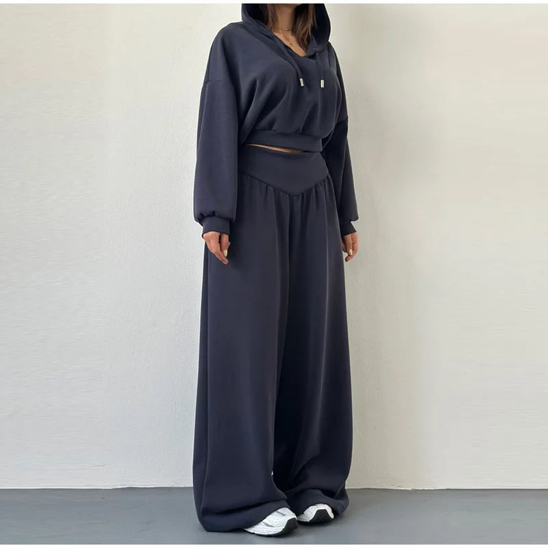 Casual Dark Blue Cropped Hoodie Pants Set Women Loose Short Pullover High Waist Wide Leg Trousers 2 Piece Set 2026 Femmes Outfit