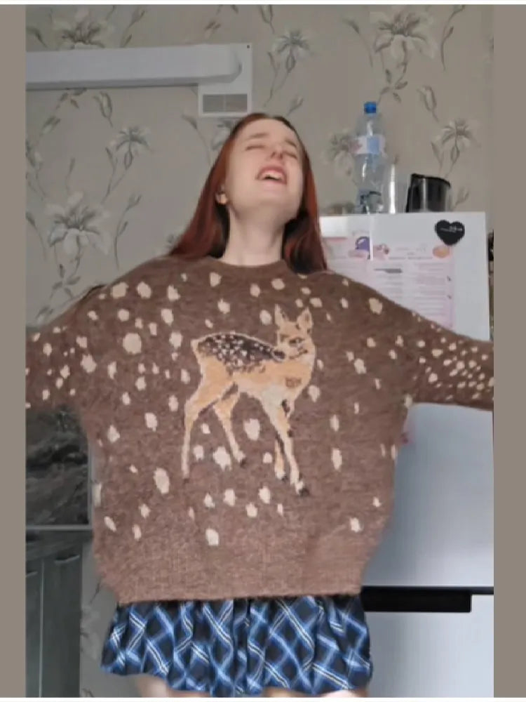 Casual Deer pattern Dot O Neck Knit Sweater For Women  Brown Full Sleeve Loose TOP 2025 Autumn Winter Lady High Street Outerwear
