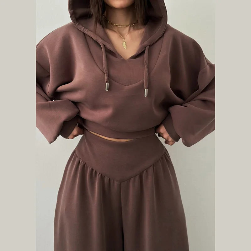 Casual Dark Blue Cropped Hoodie Pants Set Women Loose Short Pullover High Waist Wide Leg Trousers 2 Piece Set 2026 Femmes Outfit