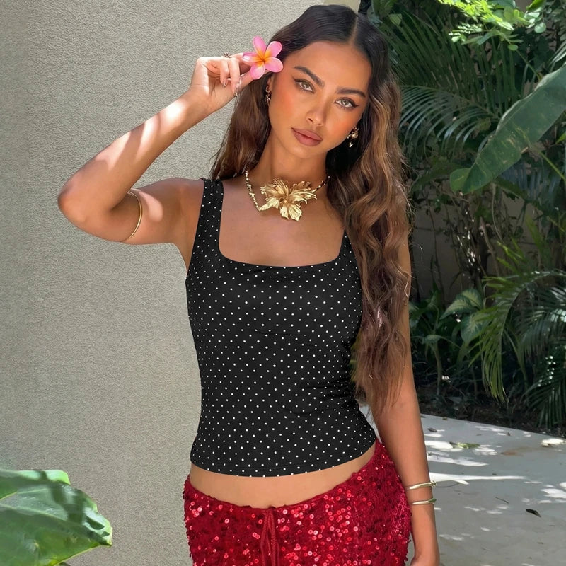Hugcitar Fashion Polka Dot Print Straps Backless Sexy Slim Crop Tank Top Summer Women Clothes Streetwear Festival Yoga Sport