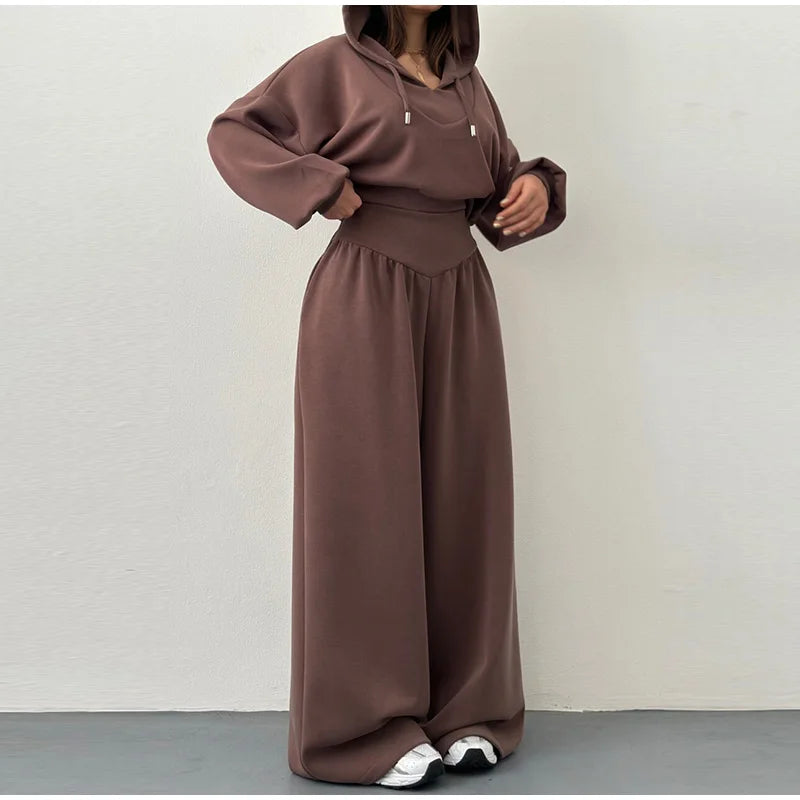 Casual Dark Blue Cropped Hoodie Pants Set Women Loose Short Pullover High Waist Wide Leg Trousers 2 Piece Set 2026 Femmes Outfit