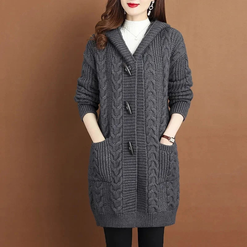 Autumn Winter Temperament Cardigan Sweater Jacket Women 2024New Loose Hooded Knitted Sweater Coat Female Casual Outerwear Ladies