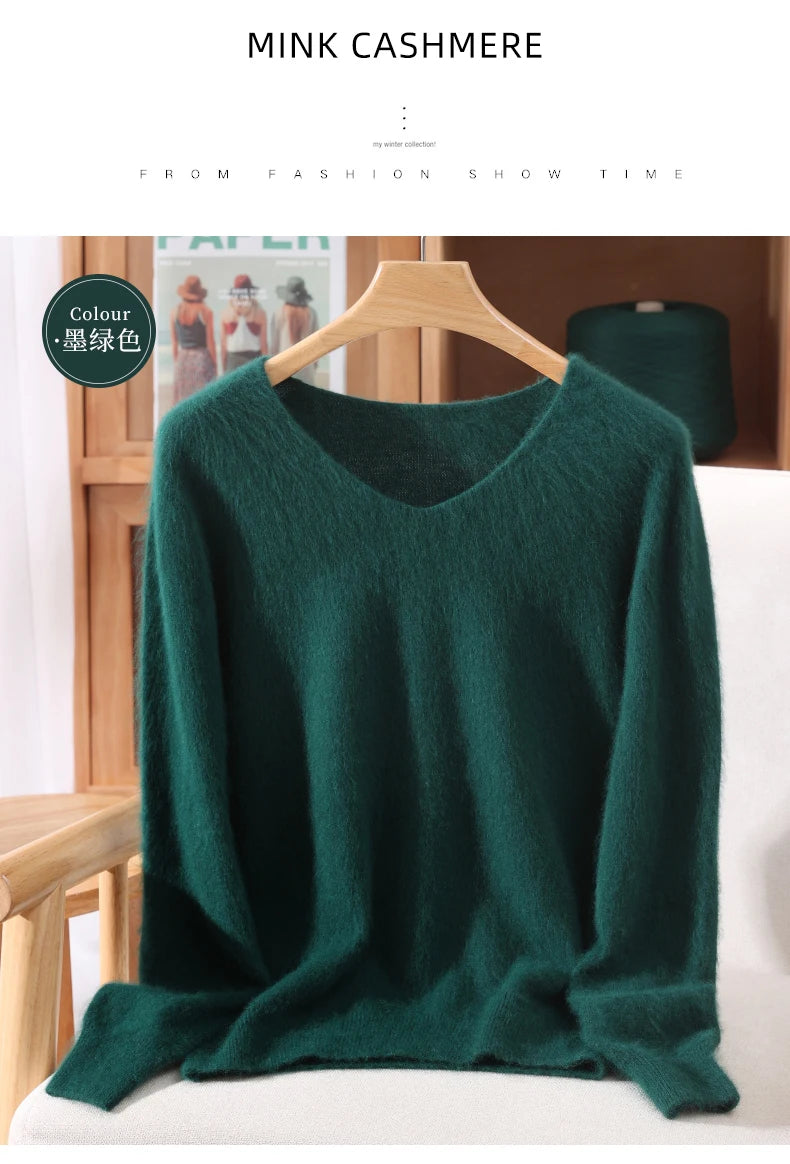 Autumn And Winter New High-End Female Mink Cashmere Sweater Solid Color Long-Sleeved Wool Knit Bottoming Sweater Loose Top