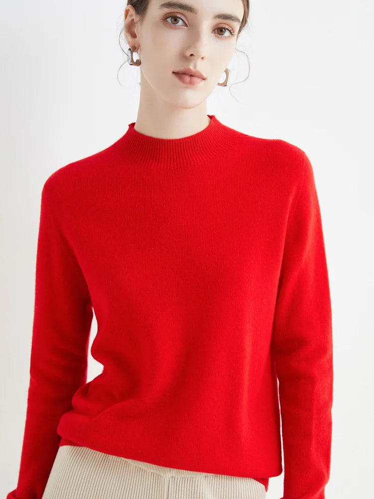 Fashion Basic Spring Autumn Merino Wool Sweater Mock-Neck Cashmere Pullover Solid Color Soft Long Sleeve Basic Clothing Tops