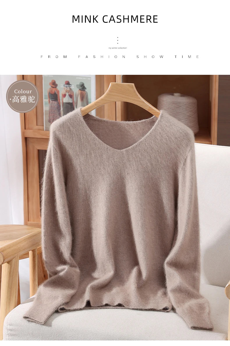 Autumn And Winter New High-End Female Mink Cashmere Sweater Solid Color Long-Sleeved Wool Knit Bottoming Sweater Loose Top