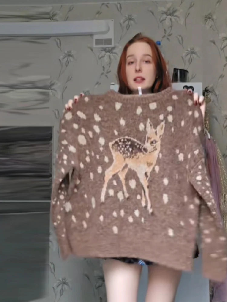 Casual Deer pattern Dot O Neck Knit Sweater For Women  Brown Full Sleeve Loose TOP 2025 Autumn Winter Lady High Street Outerwear