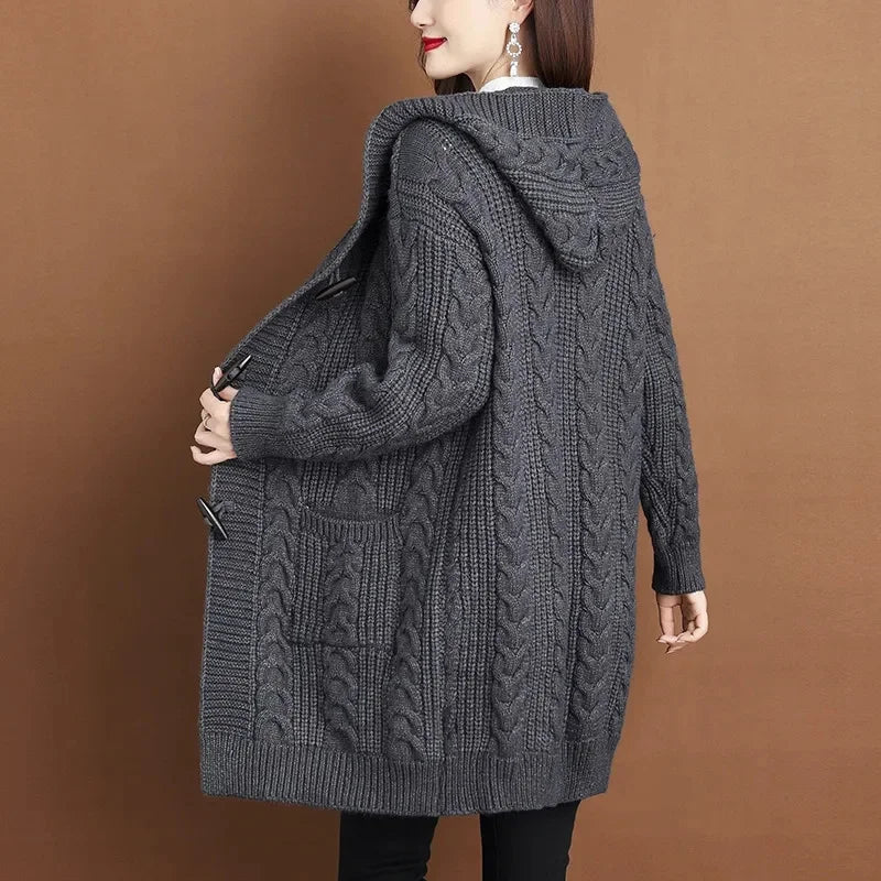 Autumn Winter Temperament Cardigan Sweater Jacket Women 2024New Loose Hooded Knitted Sweater Coat Female Casual Outerwear Ladies