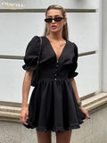 Clacive Summer Loose Black Women's Dress 2025 Sexy V-Neck Short Sleeve Mini Dresses Elegant Classic Pleated Solid Female Dress