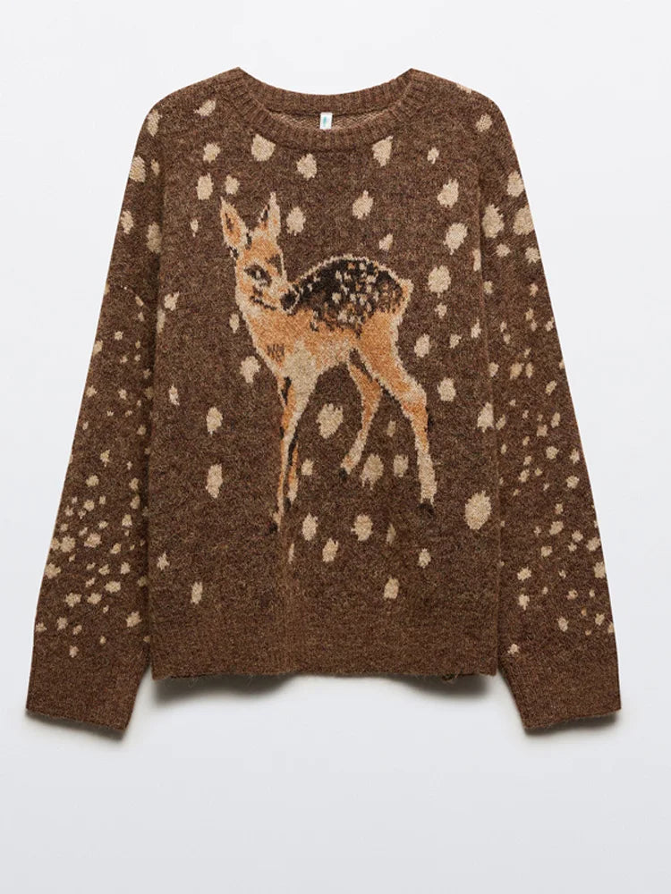 Casual Deer pattern Dot O Neck Knit Sweater For Women  Brown Full Sleeve Loose TOP 2025 Autumn Winter Lady High Street Outerwear