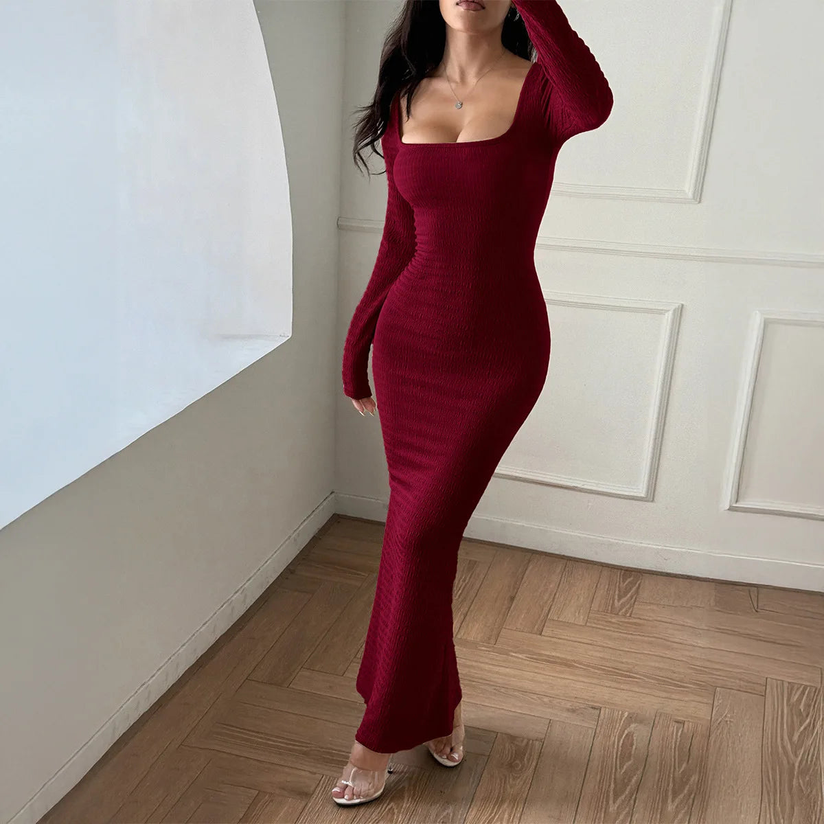 Sexy Solid Long Sleeve Maxi Dress