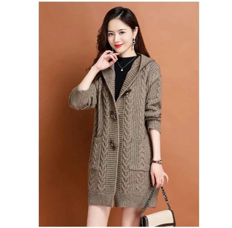 Autumn Winter Temperament Cardigan Sweater Jacket Women 2024New Loose Hooded Knitted Sweater Coat Female Casual Outerwear Ladies