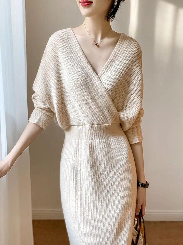 Knitted Long Clothes Robe V Neck Solid Dresses for Women Sexy Daring Maxi Bodycon Evening Woman Dress Designer Outfits Crochet