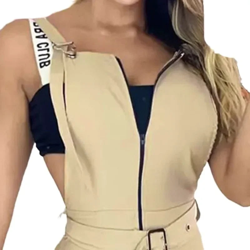 2024 Spring Summer New Women's Solid Color Zipper Pocket Suspender Pants with Belt Fashion Casual Overall