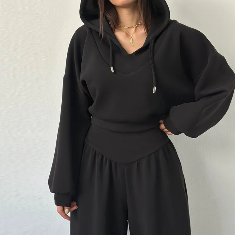 Casual Dark Blue Cropped Hoodie Pants Set Women Loose Short Pullover High Waist Wide Leg Trousers 2 Piece Set 2026 Femmes Outfit