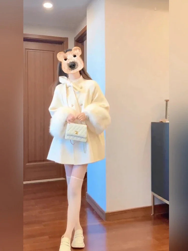 Autumn and Winter Sweet Girl Stand-up Collar Bowknot Double Breasted Woolen Cape Coat Cute White Long Sleeve Mid-Length Jacket
