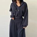 Casual Dark Blue Cropped Hoodie Pants Set Women Loose Short Pullover High Waist Wide Leg Trousers 2 Piece Set 2026 Femmes Outfit