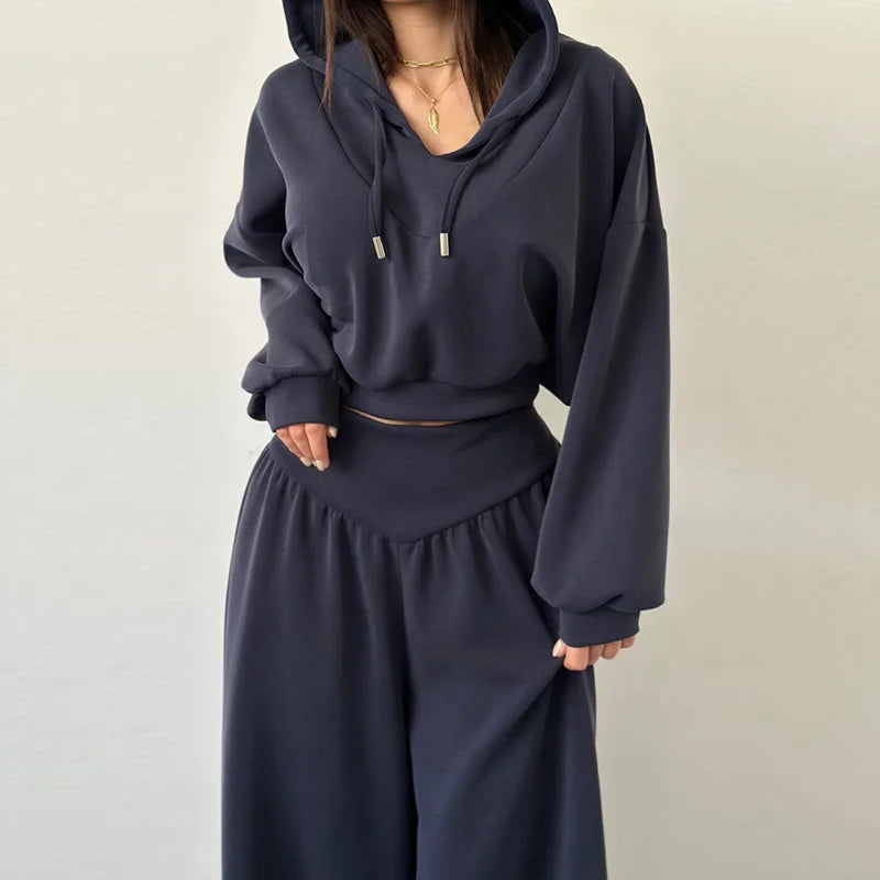 Casual Dark Blue Cropped Hoodie Pants Set Women Loose Short Pullover High Waist Wide Leg Trousers 2 Piece Set 2026 Femmes Outfit