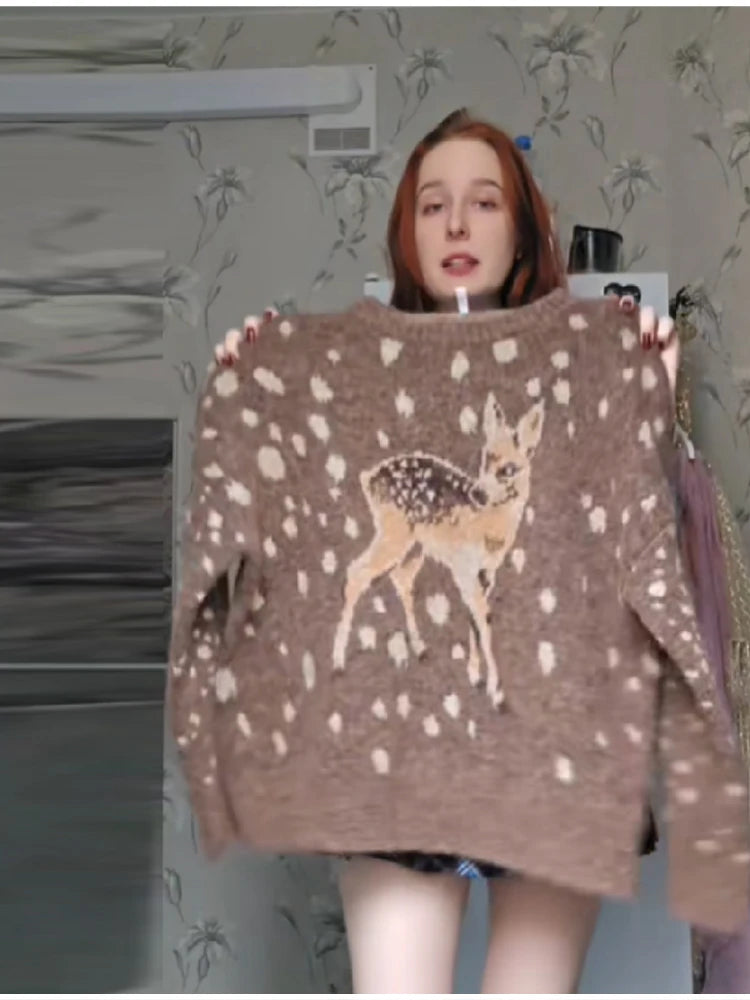 Casual Deer pattern Dot O Neck Knit Sweater For Women  Brown Full Sleeve Loose TOP 2025 Autumn Winter Lady High Street Outerwear