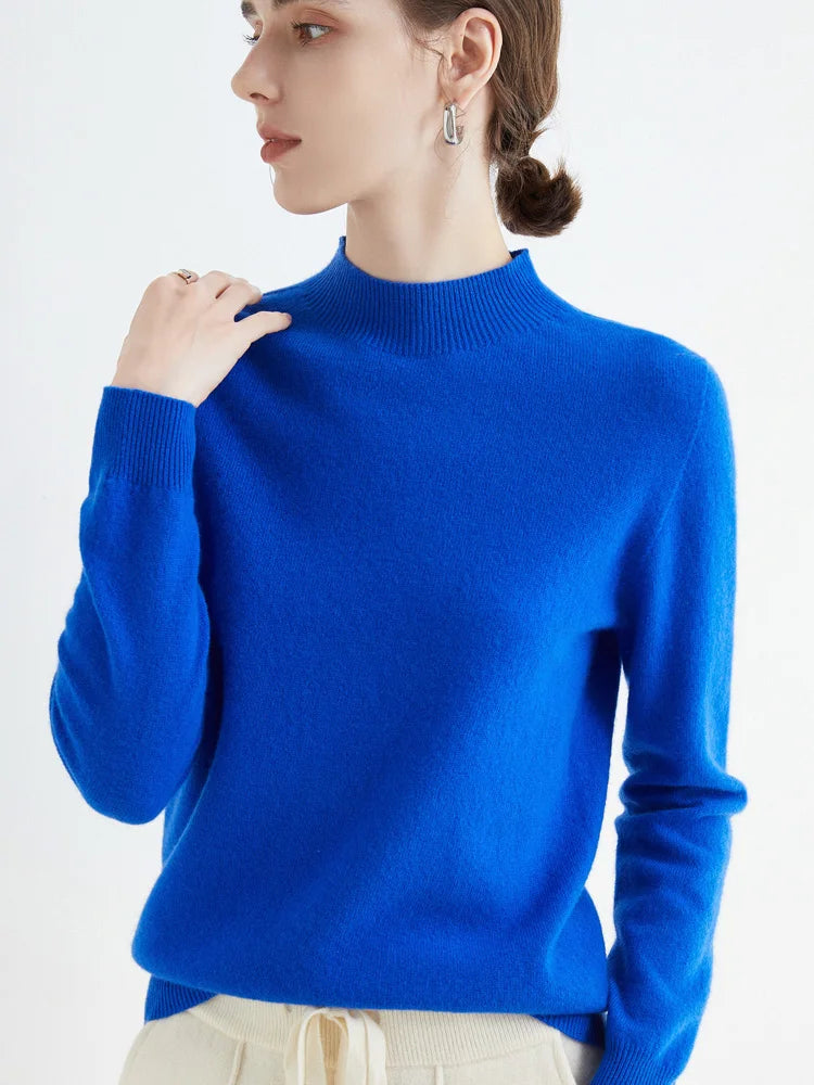 Fashion Basic Spring Autumn Merino Wool Sweater Mock-Neck Cashmere Pullover Solid Color Soft Long Sleeve Basic Clothing Tops