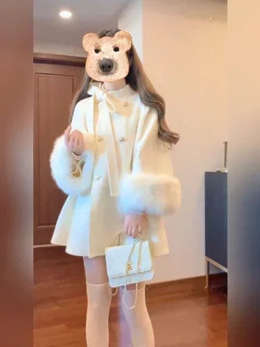 Autumn and Winter Sweet Girl Stand-up Collar Bowknot Double Breasted Woolen Cape Coat Cute White Long Sleeve Mid-Length Jacket