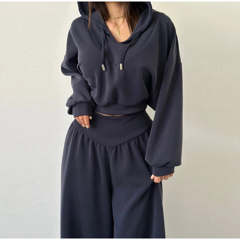 Casual Dark Blue Cropped Hoodie Pants Set Women Loose Short Pullover High Waist Wide Leg Trousers 2 Piece Set 2026 Femmes Outfit