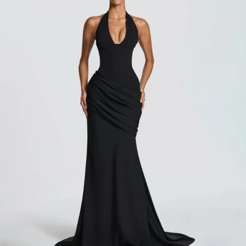 Elegant Lace Up A-line Slim Long Dress Women Chic Sleeveless Deep V-neck High Waist Pleated Dresses Lady Night Party Robe 2026