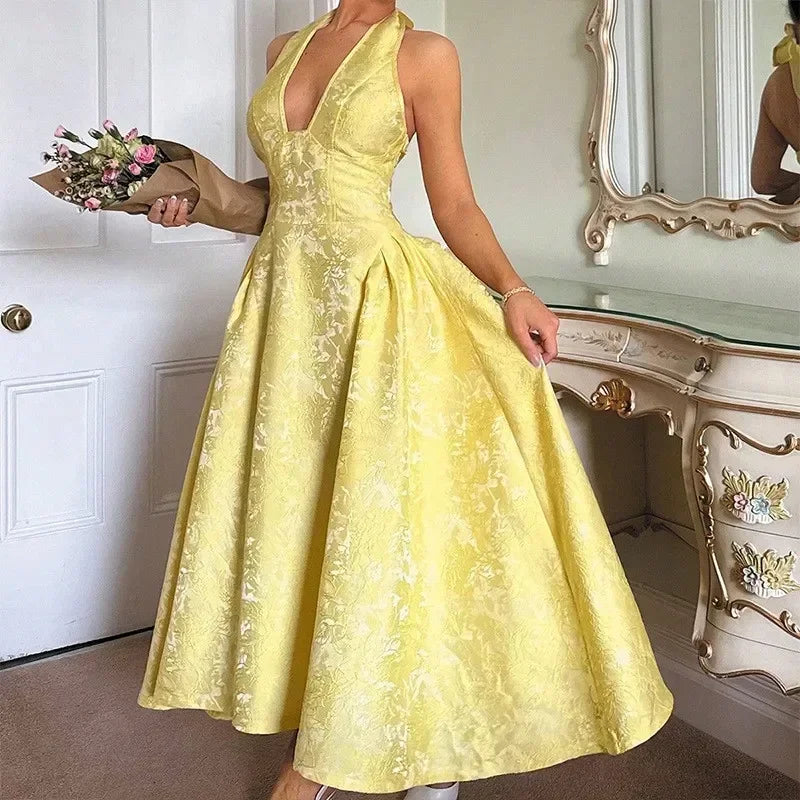 Elegant Lace Up A-line Slim Long Dress Women Chic Sleeveless Deep V-neck High Waist Pleated Dresses Lady Night Party Robe 2026