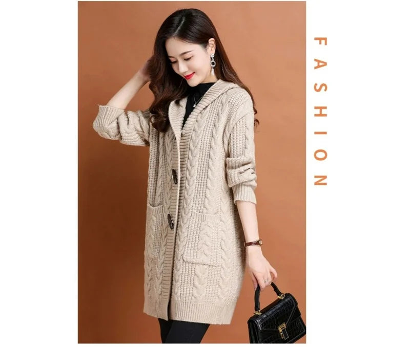 Autumn Winter Temperament Cardigan Sweater Jacket Women 2024New Loose Hooded Knitted Sweater Coat Female Casual Outerwear Ladies