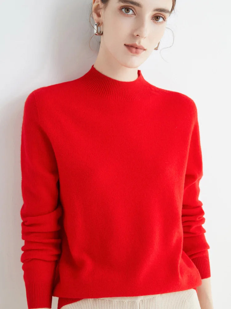 Fashion Basic Spring Autumn Merino Wool Sweater Mock-Neck Cashmere Pullover Solid Color Soft Long Sleeve Basic Clothing Tops