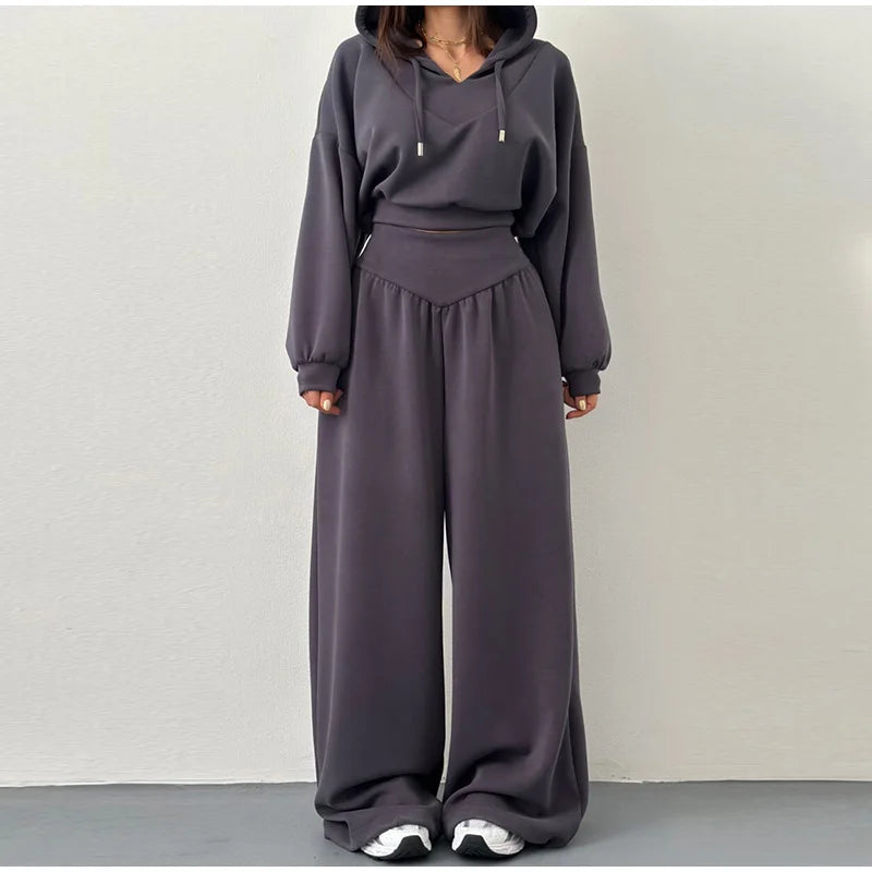Casual Dark Blue Cropped Hoodie Pants Set Women Loose Short Pullover High Waist Wide Leg Trousers 2 Piece Set 2026 Femmes Outfit
