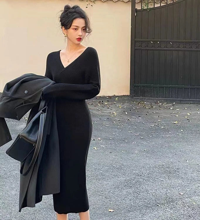 Knitted Long Clothes Robe V Neck Solid Dresses for Women Sexy Daring Maxi Bodycon Evening Woman Dress Designer Outfits Crochet