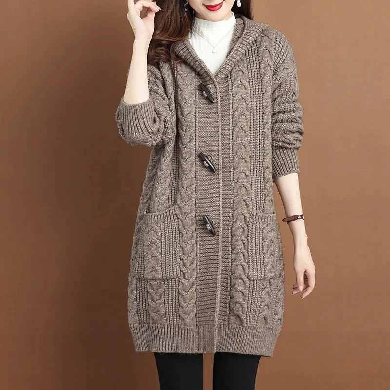 Autumn Winter Temperament Cardigan Sweater Jacket Women 2024New Loose Hooded Knitted Sweater Coat Female Casual Outerwear Ladies