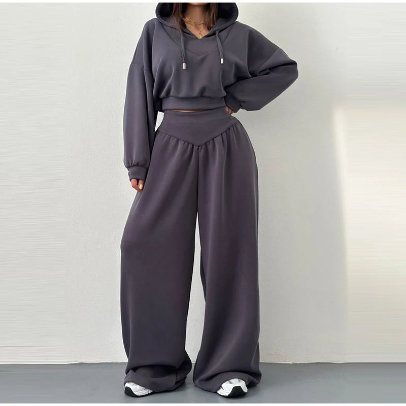Casual Dark Blue Cropped Hoodie Pants Set Women Loose Short Pullover High Waist Wide Leg Trousers 2 Piece Set 2026 Femmes Outfit