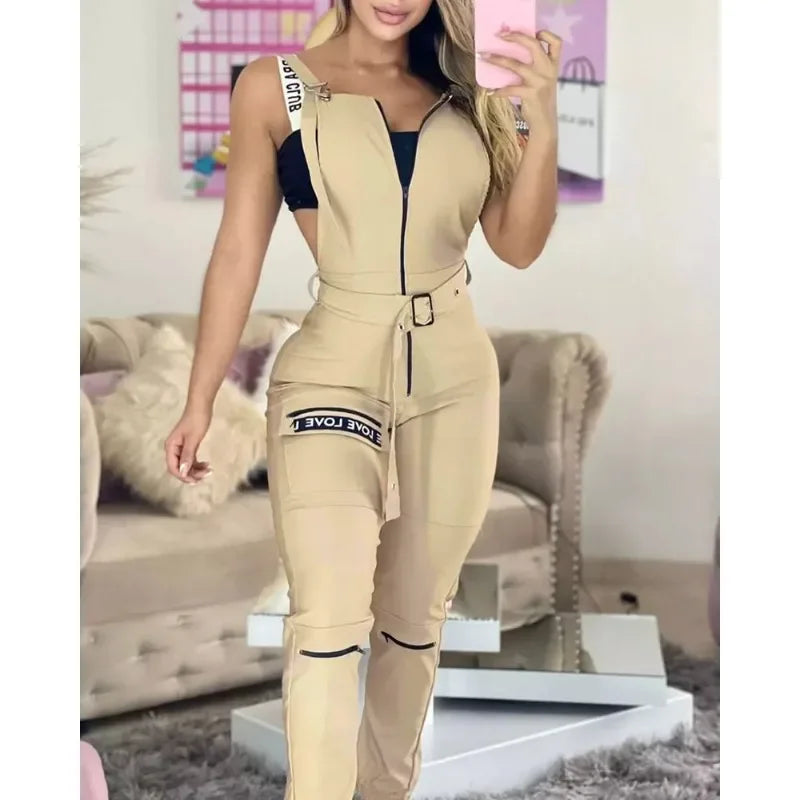 2024 Spring Summer New Women's Solid Color Zipper Pocket Suspender Pants with Belt Fashion Casual Overall
