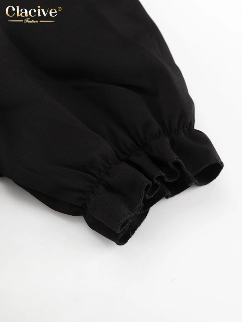 Clacive Summer Loose Black Women's Dress 2025 Sexy V-Neck Short Sleeve Mini Dresses Elegant Classic Pleated Solid Female Dress