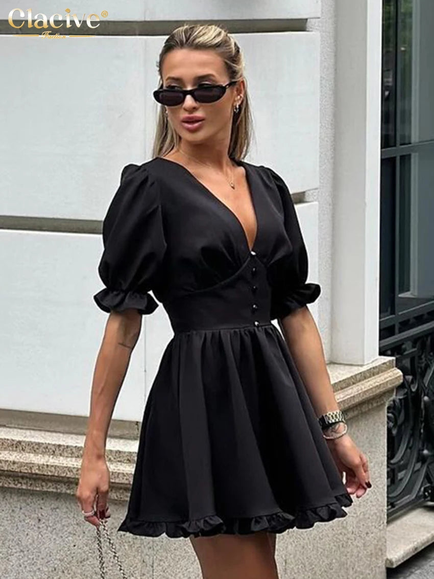 Clacive Summer Loose Black Women's Dress 2025 Sexy V-Neck Short Sleeve Mini Dresses Elegant Classic Pleated Solid Female Dress