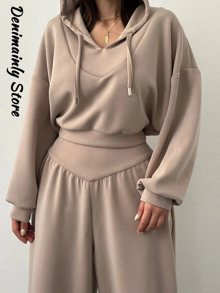 Casual Dark Blue Cropped Hoodie Pants Set Women Loose Short Pullover High Waist Wide Leg Trousers 2 Piece Set 2026 Femmes Outfit