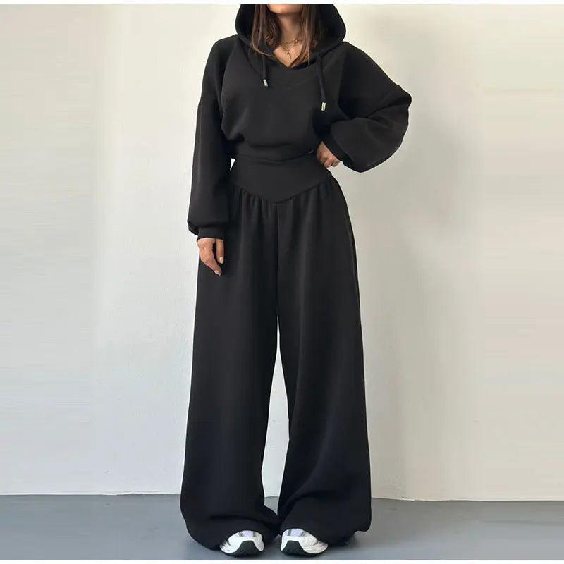 Casual Dark Blue Cropped Hoodie Pants Set Women Loose Short Pullover High Waist Wide Leg Trousers 2 Piece Set 2026 Femmes Outfit