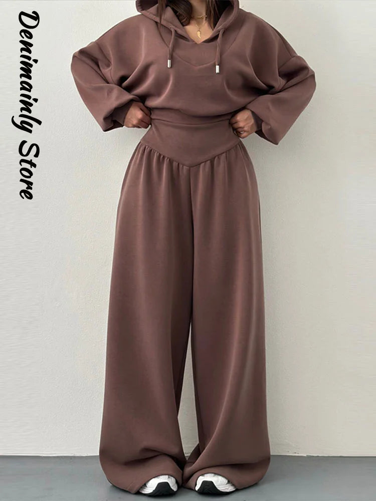Casual Dark Blue Cropped Hoodie Pants Set Women Loose Short Pullover High Waist Wide Leg Trousers 2 Piece Set 2026 Femmes Outfit