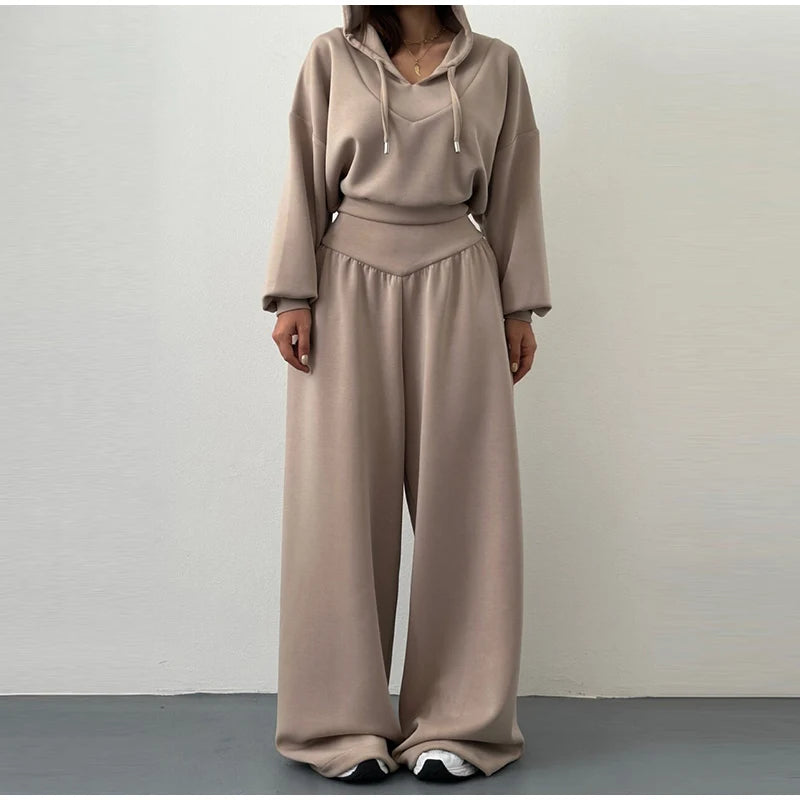 Casual Dark Blue Cropped Hoodie Pants Set Women Loose Short Pullover High Waist Wide Leg Trousers 2 Piece Set 2026 Femmes Outfit