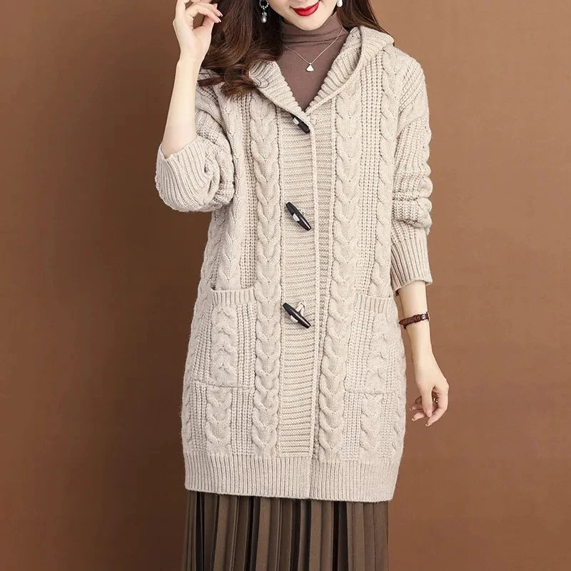 Autumn Winter Temperament Cardigan Sweater Jacket Women 2024New Loose Hooded Knitted Sweater Coat Female Casual Outerwear Ladies